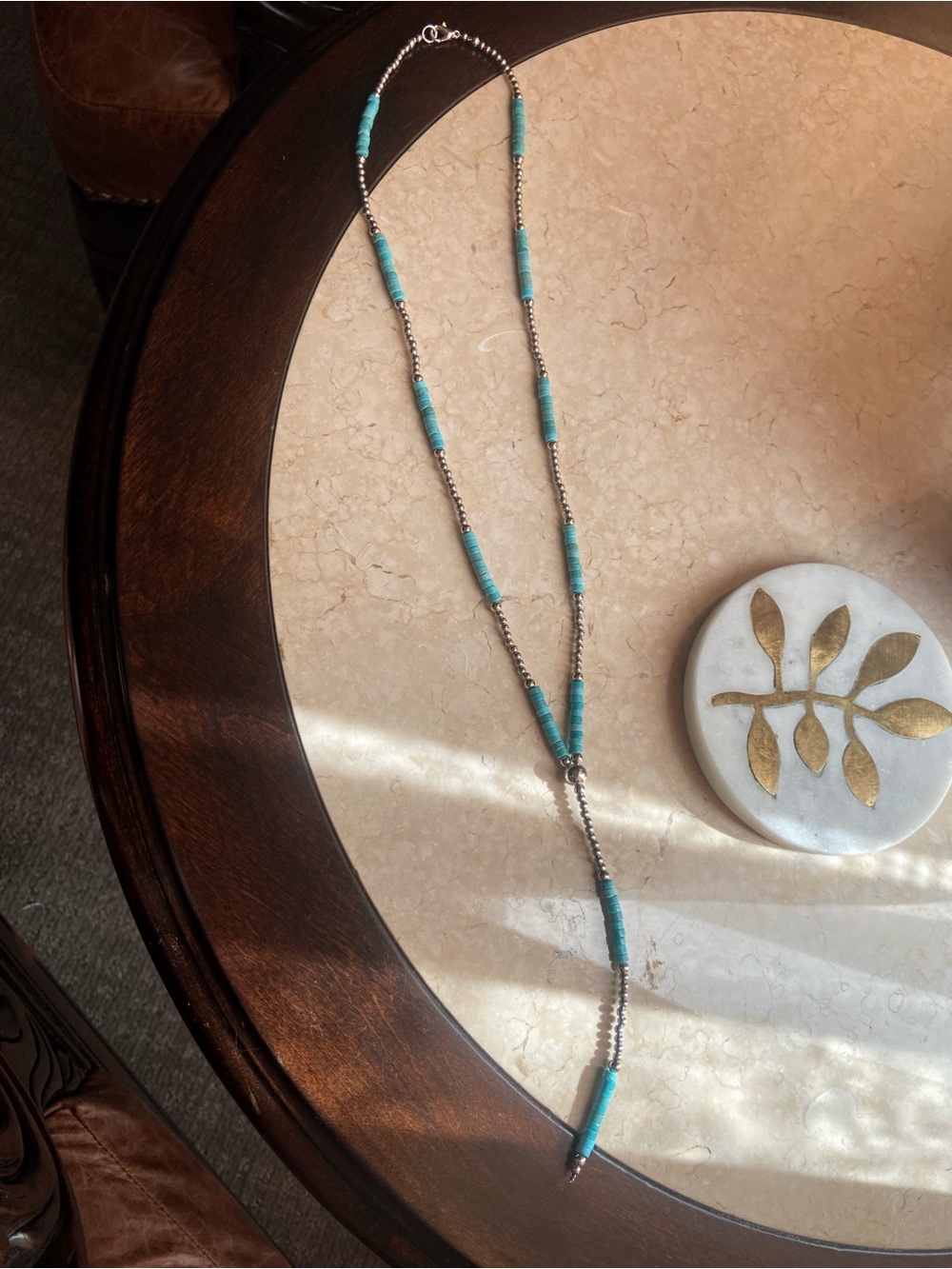 Turquoise & Pearl Lariat Necklace - Stainless Steel - Navajo Pearl Style